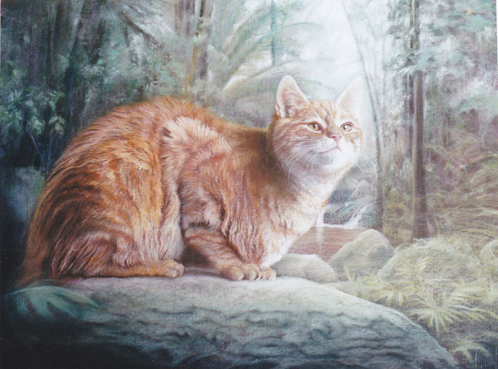Pintura intitulada "Le chat dans la for…" por Jean Luc Mariot, Obras de arte originais