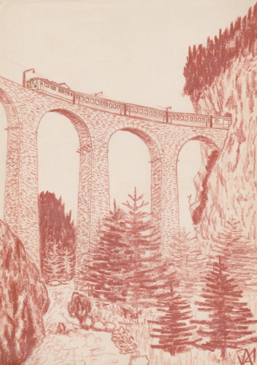 Peinture intitulée "Viaduc sur le Landv…" par Jean-Marc Allenbach, Œuvre d'art originale, Pastel