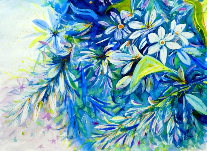 Painting titled "Fleurs bleues" by Jean Marc Collombat, Original Artwork, Watercolor