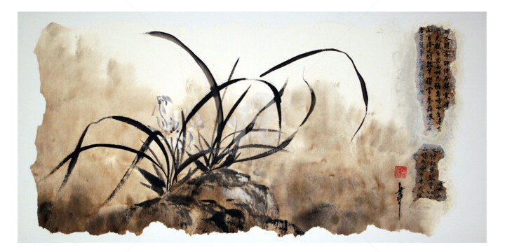 Pintura titulada "orchidées oubliées" por Jean-Marc Moschetti (encre-zen), Obra de arte original, Tinta Montado en Bastidor…