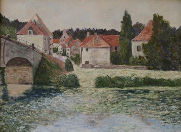 Painting titled "VILLAGE D' ECHOS" by Jean-Marc Serieys, Original Artwork, Oil