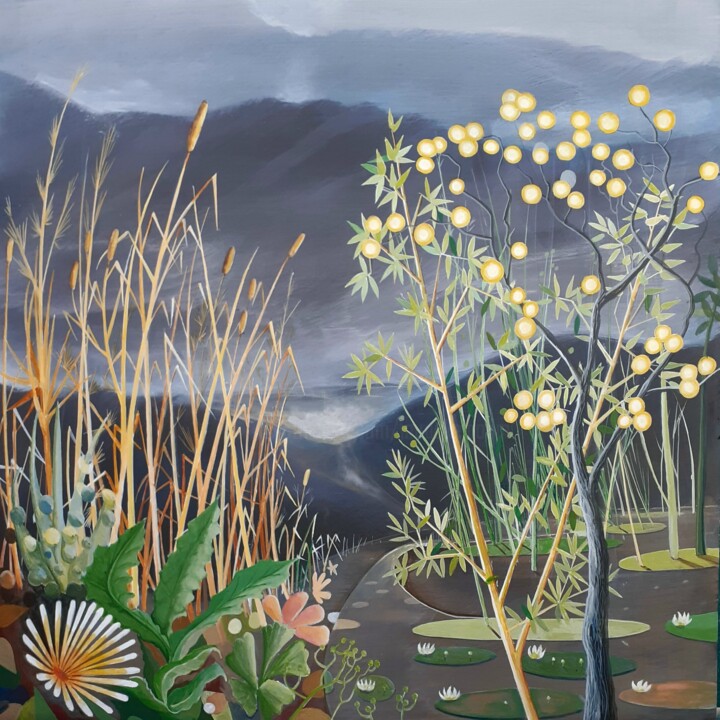 Pintura titulada "Nénuphars et mimosas" por Jean-Michel Rackelboom, Obra de arte original, Acrílico Montado en Panel de made…