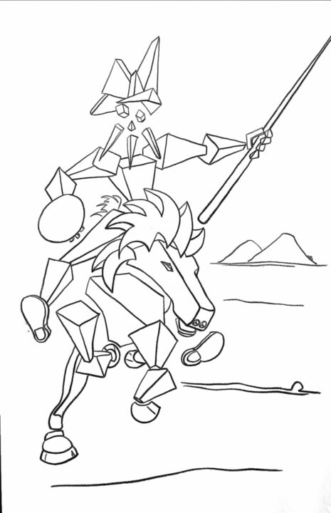 Tekening getiteld "Don Quichotte" door Jean-Pierre Emond, Origineel Kunstwerk, Houtskool Gemonteerd op Andere stijve panelen