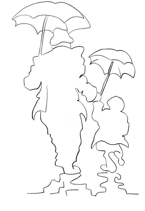 Drawing titled "Sous la pluie" by Jean-Pierre Emond, Original Artwork, Charcoal