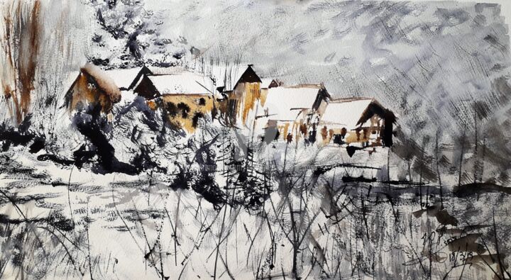 Картина под названием "Le Village de monta…" - Jean-Pierre Missistrano, Подлинное произведение искусства, Акварель