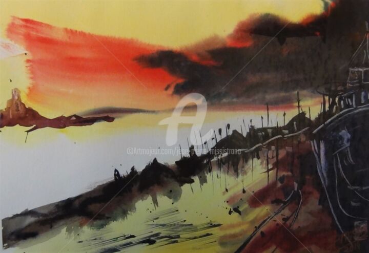 Painting titled ""Le port un soir d'…" by Jean-Pierre Missistrano, Original Artwork, Watercolor