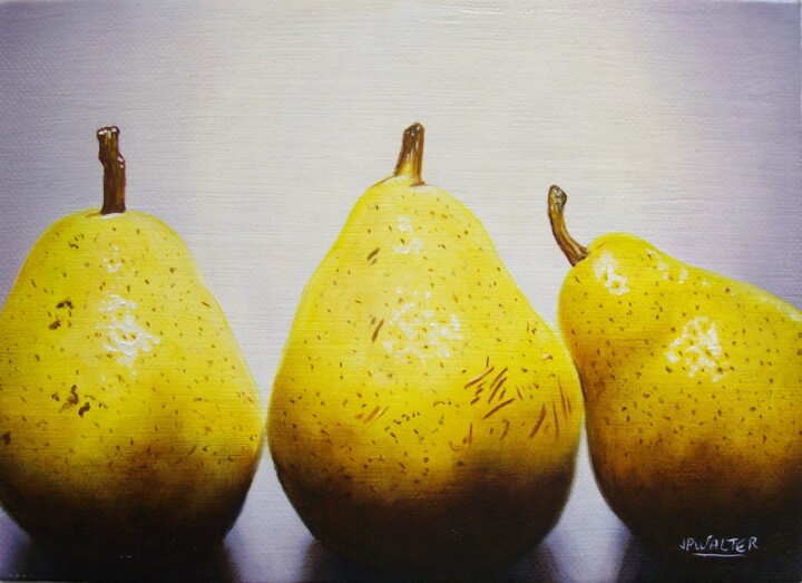 Painting titled "3 poires réalistes" by Jean-Pierre Walter, Original Artwork, Oil Mounted on Wood Panel