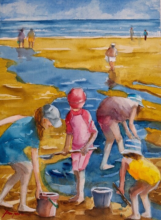 Pittura intitolato "jeu de plage" da Jean Senterre, Opera d'arte originale, Acquarello Montato su Cartone