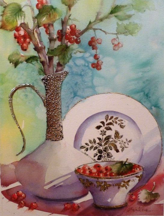 Painting titled "les groseilles roug…" by Jean Senterre, Original Artwork, Watercolor