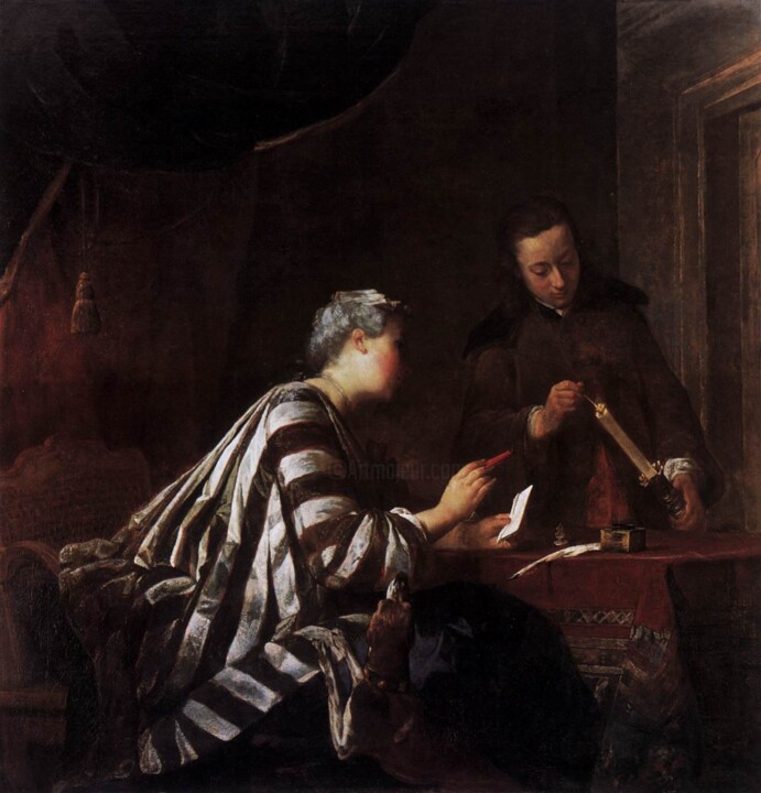 「Scellage de la lett…」というタイトルの絵画 Jean Siméon Chardinによって, オリジナルのアートワーク, オイル