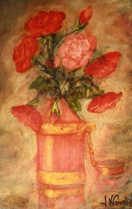 Painting titled ""Pot aux roses"." by Jean Xavier Combe, Original Artwork, Oil Mounted on Wood Stretcher frame