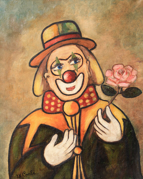 Painting titled "Clown "Gusse"." by Jean Xavier Combe, Original Artwork, Oil Mounted on Wood Stretcher frame