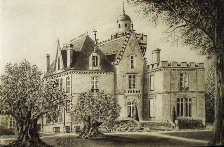 Zeichnungen mit dem Titel "Château Pape Clément" von Jean-Yves Saint Lezer, Original-Kunstwerk, Bleistift