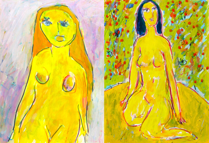 Schilderij getiteld "Yellow sisters" door Jean Mirre, Origineel Kunstwerk, Olie