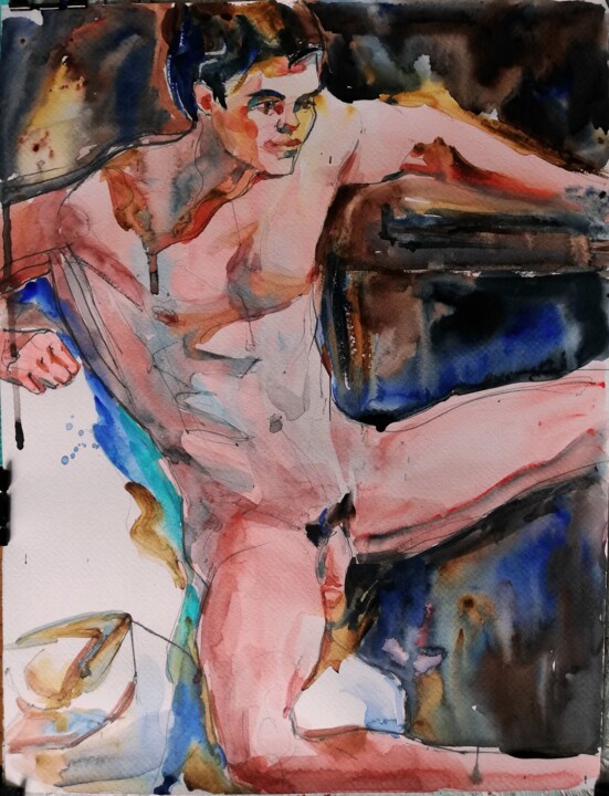 Painting titled "Male Nude with Hat,…" by Jelena Djokic, Original Artwork, Watercolor