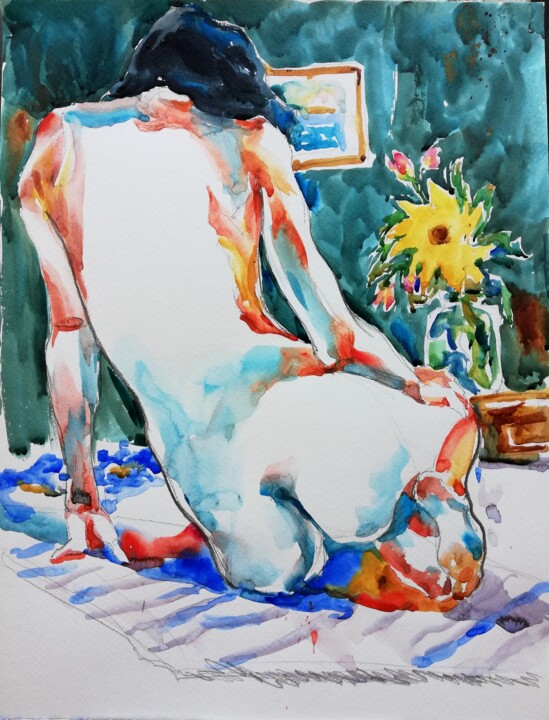 Painting titled "Nude in Emerald Int…" by Jelena Djokic, Original Artwork, Watercolor