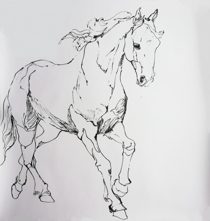 Dibujo titulada "White Horse" por Jelena Djokic, Obra de arte original, Tinta