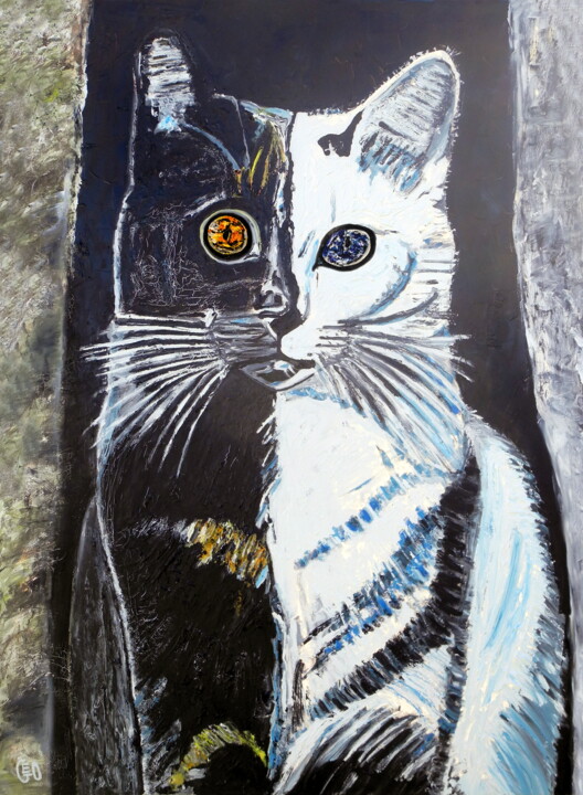Painting titled "Chat-Beauté" by Jerome Labrunerie (GEO), Original Artwork, Oil Mounted on Wood Stretcher frame