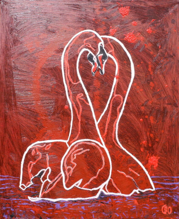 Malerei mit dem Titel "Red swans" von Jerome Labrunerie (GEO), Original-Kunstwerk, Öl Auf Keilrahmen aus Holz montiert