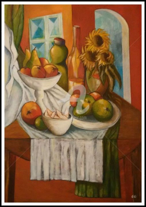 Картина под названием "Pommes et tournesols" - Gg ( Gégé), Подлинное произведение искусства, Акрил