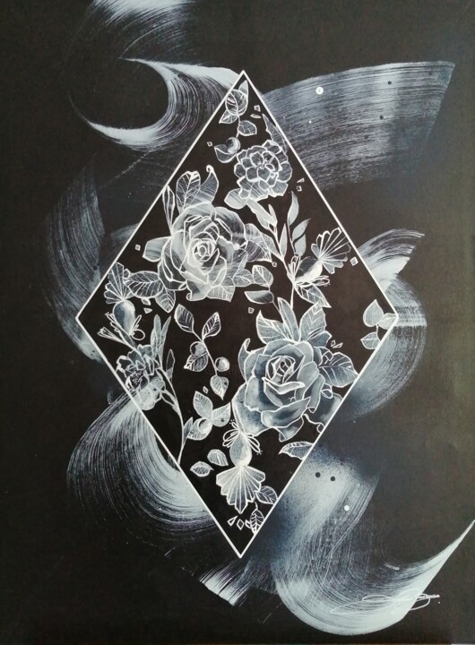 Peinture intitulée "Jardin en noir et b…" par Jessie Vasseur, Œuvre d'art originale, Acrylique