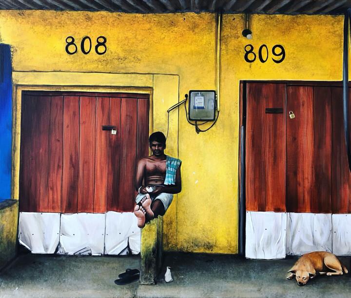 Schilderij getiteld "Colombo" door Ji Aime Art, Origineel Kunstwerk, Acryl Gemonteerd op Frame voor houten brancard