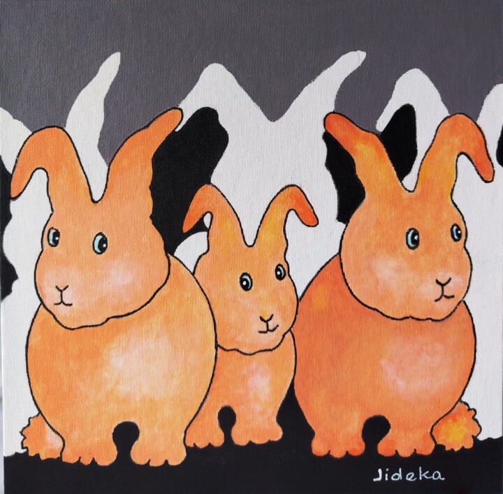 Painting titled "Trois petits lapins…" by Jocelyne Deschamps-Kus, Original Artwork, Acrylic Mounted on Other rigid panel