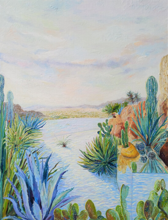 Malerei mit dem Titel "Cacti Oasis" von Jie Song, Original-Kunstwerk, Öl
