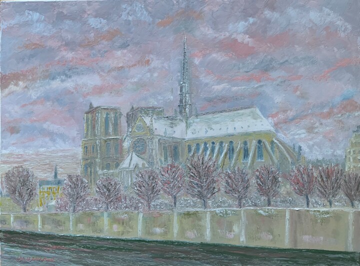 Schilderij getiteld "Notre Dame en hiver…" door Jm Mariani, Origineel Kunstwerk, Olie