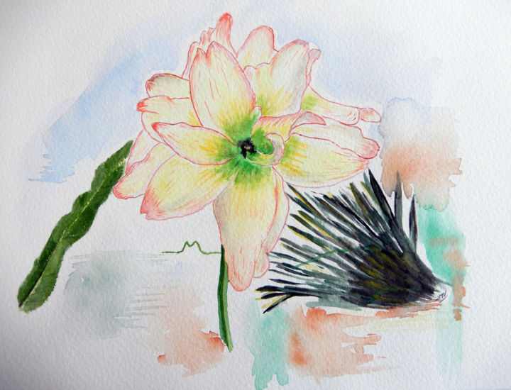 Painting titled "Amaryllis" by Jean-Michel Vedrenne, Original Artwork, Watercolor