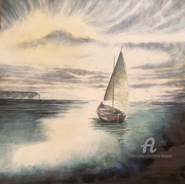 Painting titled "La barca" by Joana Bisquert Mari, Original Artwork, Watercolor Mounted on Wood Panel