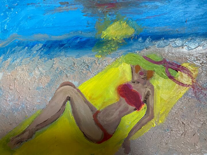 Pintura titulada "A nap on the beach" por Jocelyn Blain, Obra de arte original, Oleo