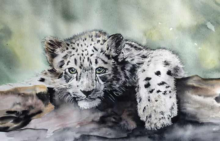 Bebe Leopard Des Neiges Peinture Par Joelle Guillaume Artmajeur