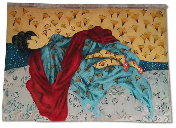 Art textile intitulée "Femme japonaise aux…" par Joelle Morisset, Œuvre d'art originale, Acrylique
