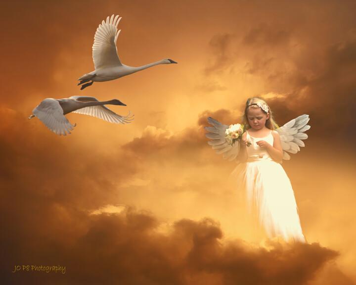 Photographie intitulée "Swans and Angel" par Joe Pate, Œuvre d'art originale, Photographie manipulée