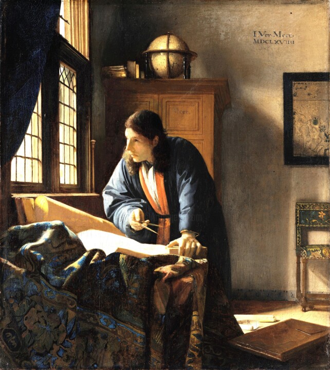 Painting titled "Le géographe" by Johannes Vermeer, Original Artwork, Oil