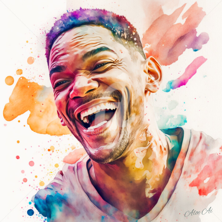 Digitale Kunst getiteld "Will Smith joyful" door Aloe Ai, Origineel Kunstwerk, Aquarel