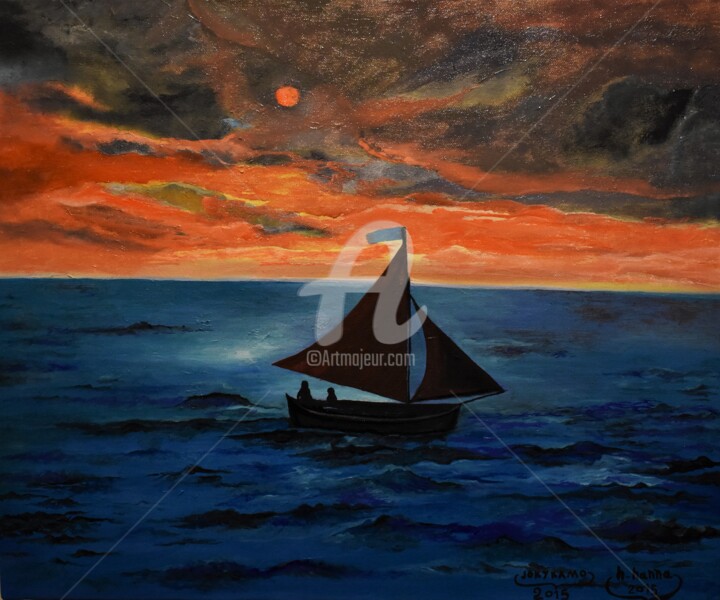 Henry Pascall OIL ON CANVAS OF A SKIFF AT SUNSET