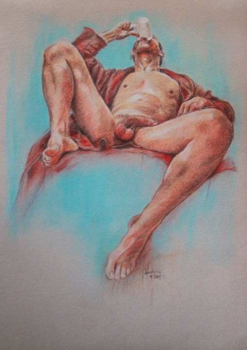 Gravures & estampes intitulée "Mark, morning coffe…" par Jorge Bandarra, Œuvre d'art originale, Pastel