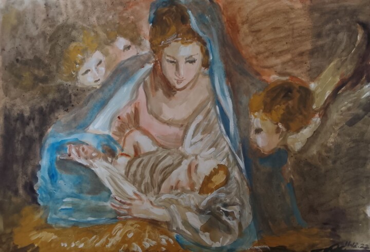 Painting titled "O nascimento de Jes…" by Jorge Quiros, Original Artwork, Watercolor