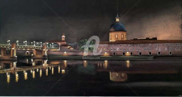 Painting titled "Toulouse by night" by Josette Roboam, Original Artwork, Pastel