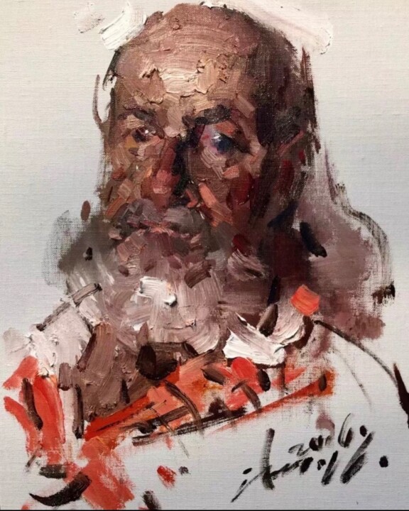 Painting titled "Old Captain" by Jove Wang, Original Artwork, Oil