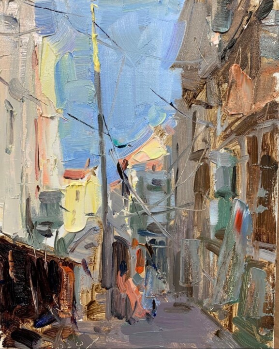 Картина под названием "Shanghai Street Sce…" - Jove Wang, Подлинное произведение искусства, Масло