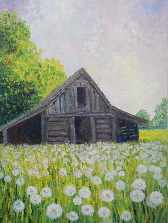Malarstwo zatytułowany „Dandelion Field” autorstwa Joy Parks Coats, Oryginalna praca, Akryl Zamontowany na Drewniana rama no…