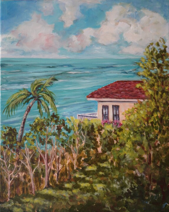 Ζωγραφική με τίτλο "Caribbean Cottage" από Joy Parks Coats, Αυθεντικά έργα τέχνης, Ακρυλικό Τοποθετήθηκε στο Ξύλινο φορείο σ…