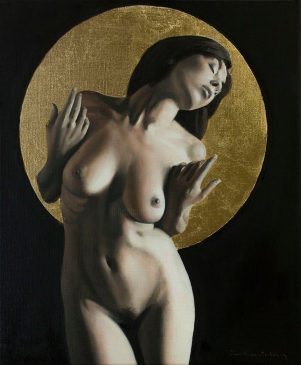 Painting titled "Nu XVI" by Jean-Pierre André Leclercq, Original Artwork, Oil Mounted on Wood Stretcher frame
