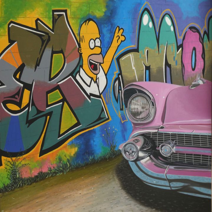 Painting titled "HOMER AND THE CHEVY" by Jrmuroart, Original Artwork, Acrylic