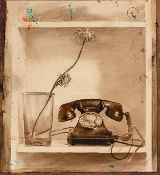 Painting titled "Telefono  cardo" by Juan Álvarez Cebrián, Original Artwork, Oil Mounted on Wood Panel