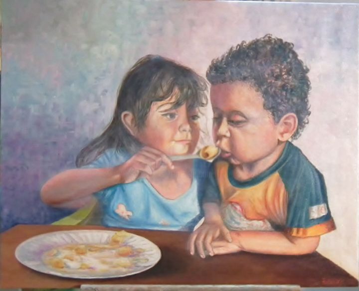 Peinture intitulée "nina-dando-de-comer…" par Eduardo Juárez, Œuvre d'art originale, Huile
