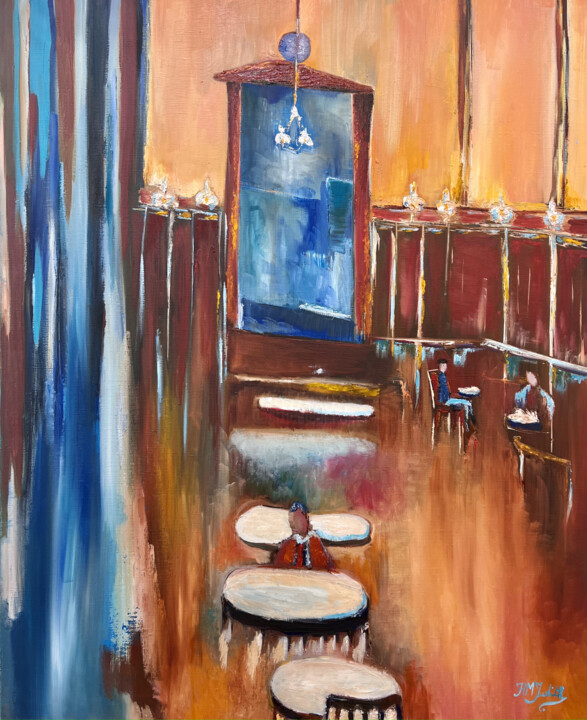 Painting titled "Le café du coin" by Judith Hassan, Original Artwork, Oil Mounted on Wood Stretcher frame